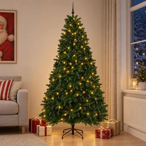 Umjetno božićno drvce srednje zeleno s kuglicama 270 cm - Srednje zelena Ø 128 x 270 cm s 300 LED dioda i crnim lopticama