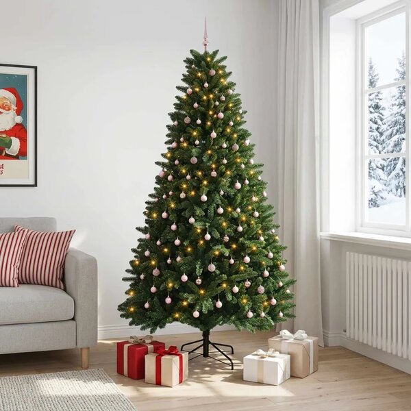 Umjetno božićno drvce srednje zeleno s kuglicama 270 cm - Srednje zelena Ø 128 x 270 cm s 300 LED dioda i ružičastim lopticama
