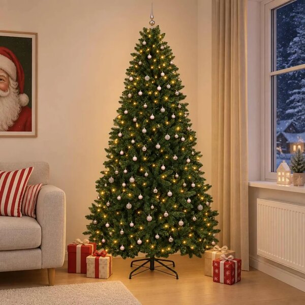 Umjetno božićno drvce tamnozeleno s kuglicama 270 cm - Tamnozelena Ø 128 x 270 cm s 300 LED dioda i ružičastim lopticama