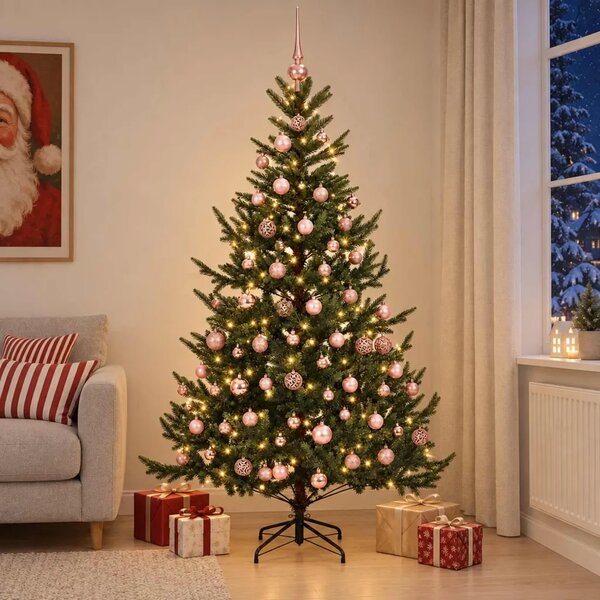 Umjetno božićno drvce s kuglicom 180 cm 300 LED lampica - Zelena 180 cm s LED-ima i ružičastim lopticama