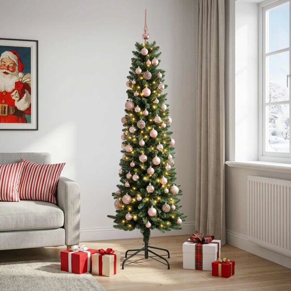 Umjetno usko božićno drvce s kuglicom 210 cm 300 LED lampica - 210 cm s LED-ima i ružičastim lopticama Zelena