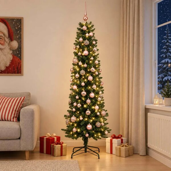Umjetno usko božićno drvce s kuglicom 210 cm 300 LED lampica - 210 cm s LED-ima i ružičastim lopticama Zelena