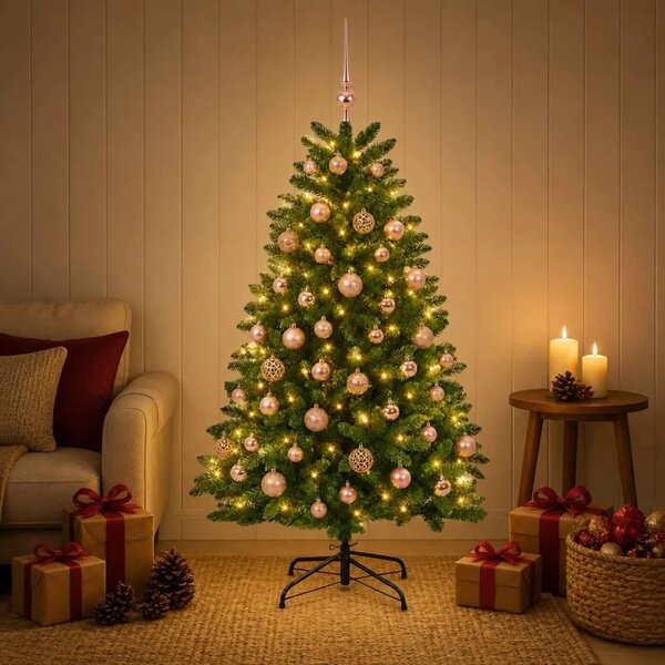 Umjetno božićno drvce srednje zeleno s kuglicama 150 cm - Srednje zelena Ø 80 x 150 cm s 150 LED dioda i ružičastim lopticama