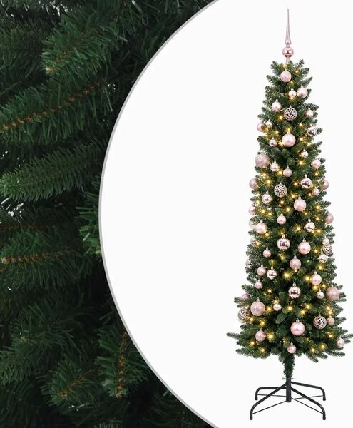 Umjetno usko božićno drvce s kuglicom 210 cm 300 LED lampica - 210 cm s LED-ima i ružičastim lopticama Zelena