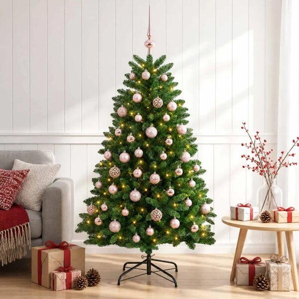 Umjetno božićno drvce srednje zeleno s kuglicama 150 cm - Srednje zelena Ø 80 x 150 cm s 150 LED dioda i ružičastim lopticama