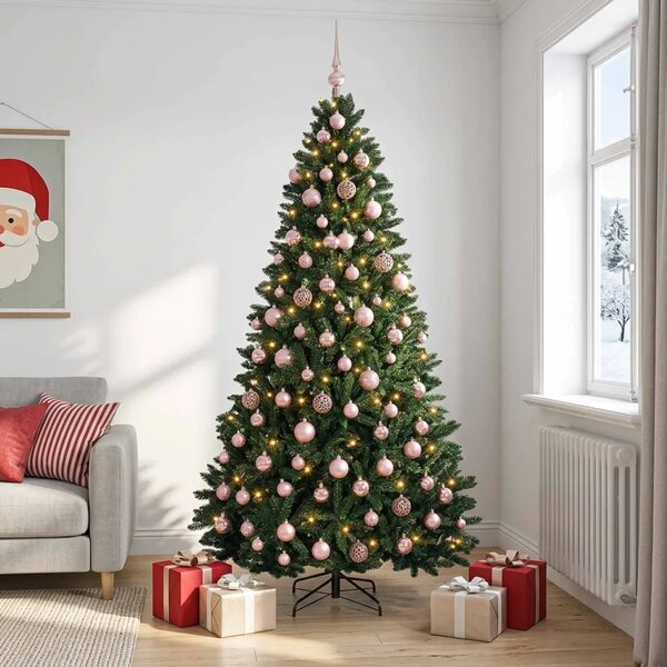 Umjetno božićno drvce tamnozeleno s kuglicama 210 cm - Tamnozelena Ø 106 x 210 cm s 300 LED dioda i ružičastim lopticama