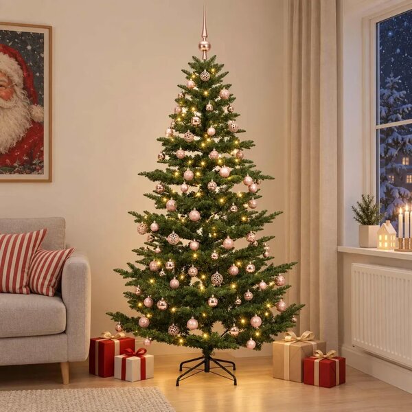 Umjetno božićno drvce s kuglicom 180 cm 300 LED lampica - Zelena 180 cm s LED-ima i ružičastim lopticama