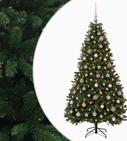 Umjetno božićno drvce srednje zeleno s kuglicama 210 cm - Srednje zelena Ø 106 x 210 cm s 300 LED dioda i ružičastim lopticama