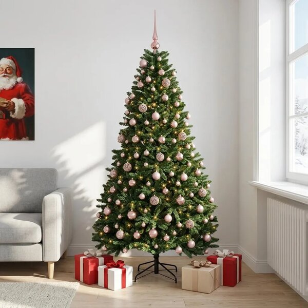 Umjetno božićno drvce srednje zeleno s kuglicama 210 cm - Srednje zelena Ø 106 x 210 cm s 300 LED dioda i ružičastim lopticama