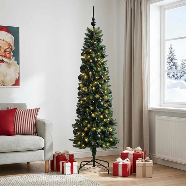 Umjetno usko božićno drvce s kuglicom 210 cm 300 LED lampica - 210 cm s LED-ima i crnim lopticama Zelena