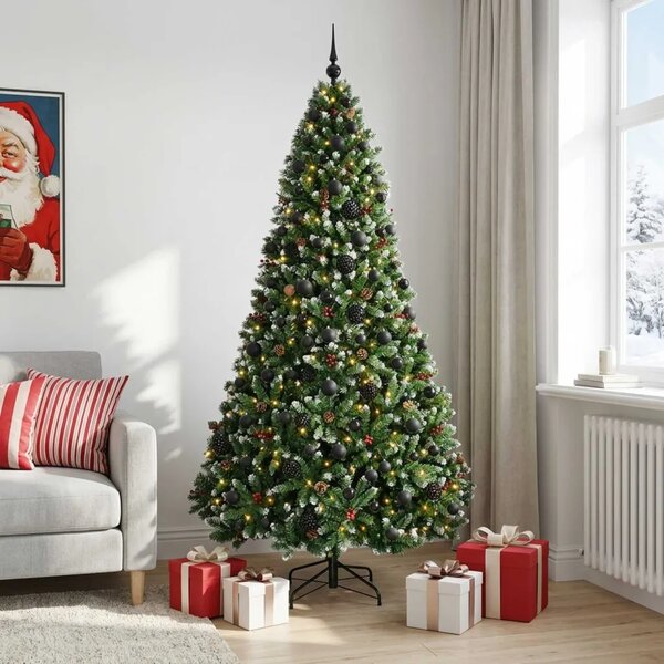 Umjetno božićno drvce zeleno s kuglicom 210 cm 300 LED lampica - Zelena s mraženim vrhovima Ø 106 x 210 cm s 300 LED dioda i crn