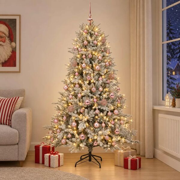 Umjetno božićno drvce s kuglicama 180 cm 300 LED lampica - Zelena i bijela 180 cm s LED-ima i ružičastim lopticama