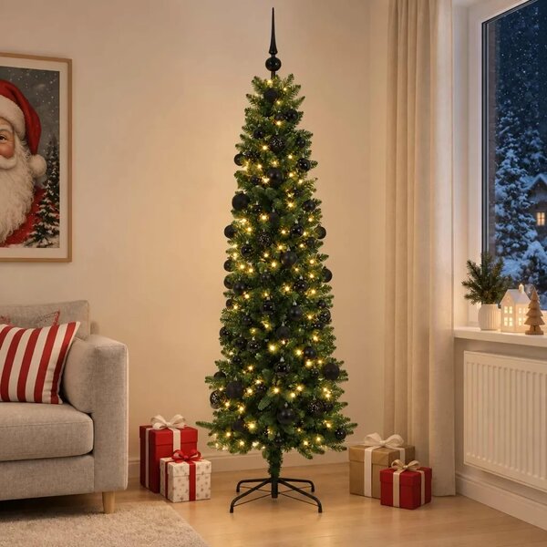 Umjetno usko božićno drvce s kuglicom 210 cm 300 LED lampica - 210 cm s LED-ima i crnim lopticama Zelena
