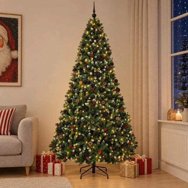 Umjetno božićno drvce zeleno s kuglicom 210 cm 300 LED lampica - Zelena s mraženim vrhovima Ø 106 x 210 cm s 300 LED dioda i crn