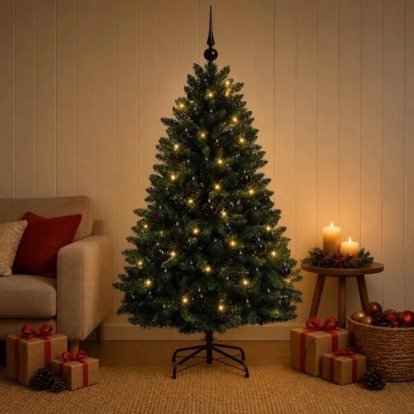 Umjetno božićno drvce tamnozeleno s kuglicama 150 cm - Tamnozelena Ø 80 x 150 cm s 150 LED dioda i crnim lopticama