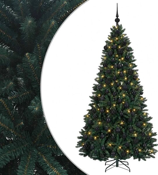 Umjetno božićno drvce s kuglicama tamnozeleno 210 cm - Tamnozelena Ø 106 x 210 cm s 300 LED dioda i crnim lopticama