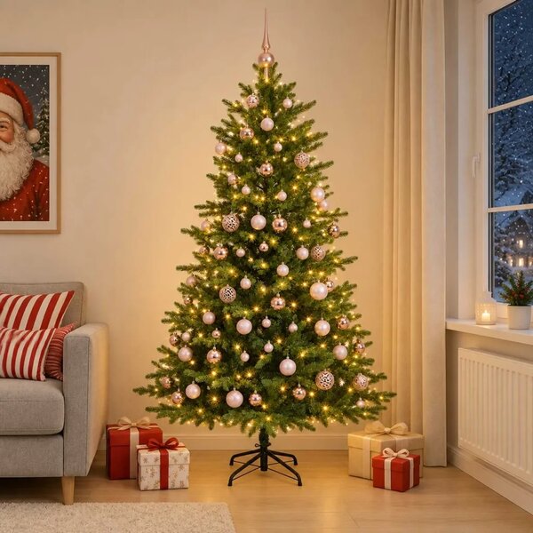 Umjetno božićno drvce s kuglicama 180 cm 300 LED lampica - Zelena 180 cm s LED-ima i ružičastim lopticama