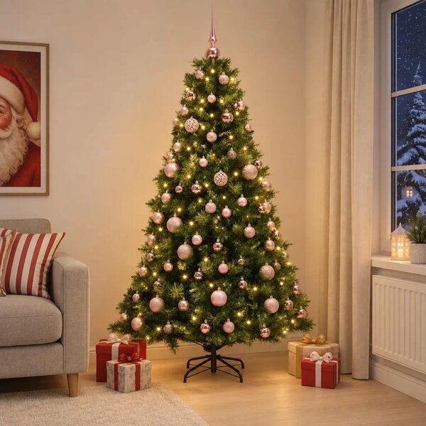 Umjetno božićno drvce s kuglicom 180 cm 300 LED lampica - Zelena 180 cm s LED-ima i ružičastim lopticama