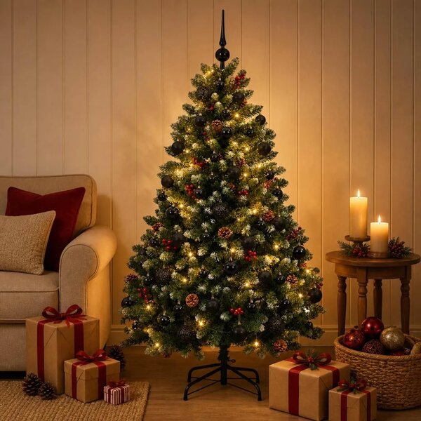 Umjetno božićno drvce zeleno s kuglicom 150 cm 150 LED lampica - Zelena s mraženim vrhovima Ø 80 x 150 cm s 150 LED dioda i crni