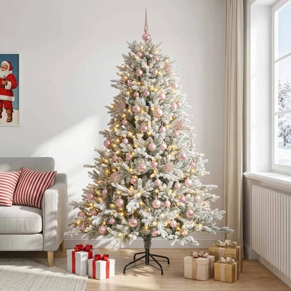 Umjetno božićno drvce s kuglicama 180 cm 300 LED lampica - Zelena i bijela 180 cm s LED-ima i ružičastim lopticama