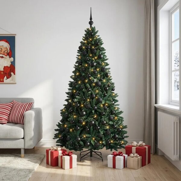 Umjetno božićno drvce s kuglicama tamnozeleno 210 cm - Tamnozelena Ø 106 x 210 cm s 300 LED dioda i crnim lopticama