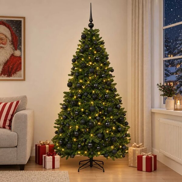 Umjetno božićno drvce srednje zeleno s kuglicama 210 cm - Srednje zelena Ø 106 x 210 cm s 300 LED dioda i crnim lopticama