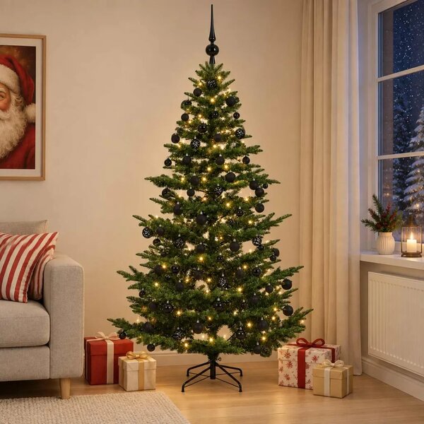 Umjetno božićno drvce s kuglicom 180 cm 300 LED lampica - Zelena 180 cm s LED-ima i crnim lopticama