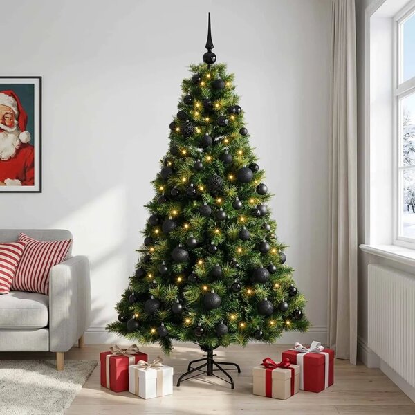 Umjetno božićno drvce s kuglicom 180 cm 300 LED lampica - Zelena 180 cm s LED-ima i crnim lopticama