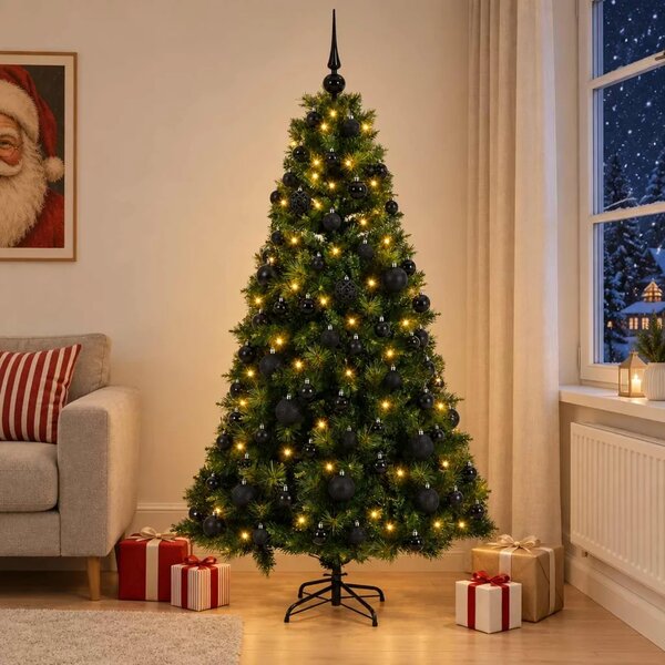 Umjetno božićno drvce s kuglicom 180 cm 300 LED lampica - Zelena 180 cm s LED-ima i crnim lopticama