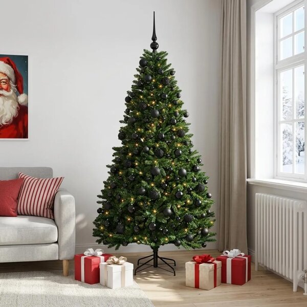 Umjetno božićno drvce srednje zeleno s kuglicama 210 cm - Srednje zelena Ø 106 x 210 cm s 300 LED dioda i crnim lopticama