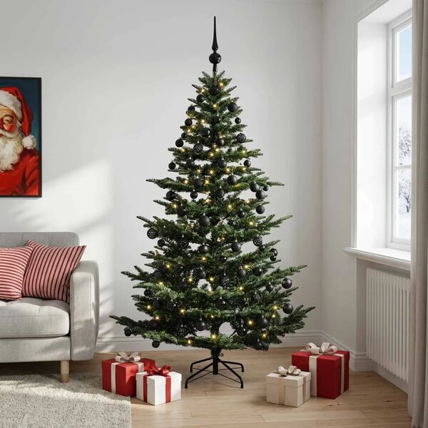 Umjetno božićno drvce s kuglicom 180 cm 300 LED lampica - Zelena 180 cm s LED-ima i crnim lopticama
