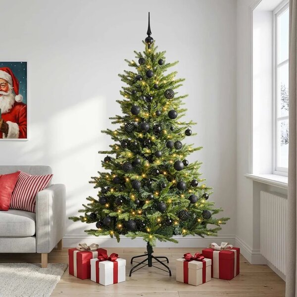 Umjetno božićno drvce s kuglicama 180 cm 300 LED lampica - Zelena 180 cm s LED-ima i crnim lopticama