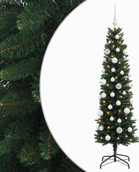 Umjetno usko božićno drvce s kuglicom 120 cm 150 LED lampica - 120 cm s LED žaruljama i bijelim kuglicama Zelena