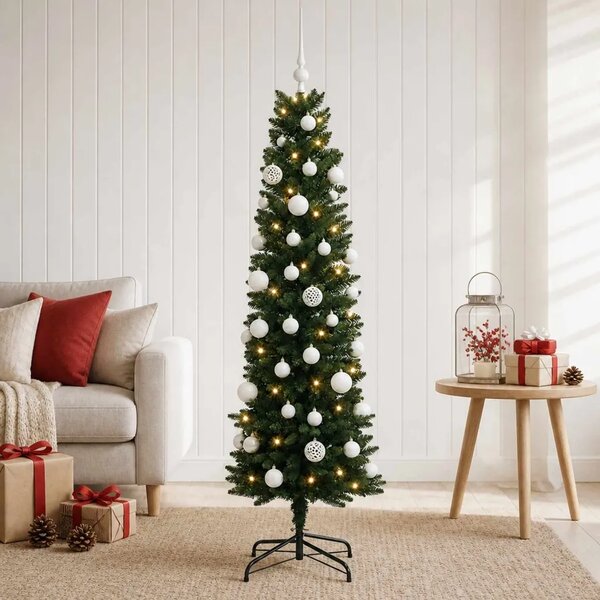 Umjetno usko božićno drvce s kuglicom 120 cm 150 LED lampica - 120 cm s LED žaruljama i bijelim kuglicama Zelena