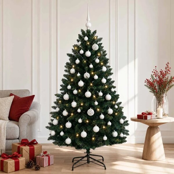 Umjetno božićno drvce tamnozeleno s kuglicom 150 cm - Tamnozelena Ø 80 x 150 cm s 150 LED dioda i bijelim lopticama