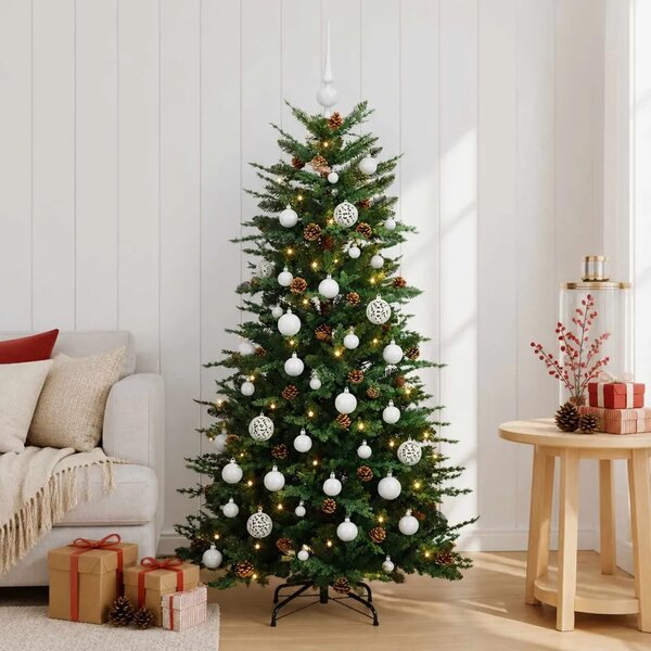 Umjetno božićno drvce s kuglicom 150 cm 150 LED lampica - Zelena 150 cm s LED žaruljama i bijelim kuglicama