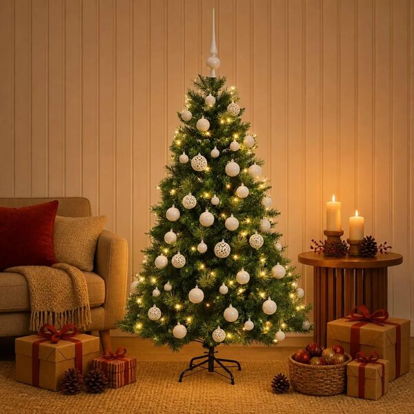 Umjetno božićno drvce s kuglicom 120 cm 150 LED lampica - Zelena 120 cm s LED žaruljama i bijelim kuglicama