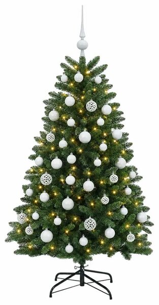 Umjetno božićno drvce srednje zeleno s kuglicama 150 cm - Srednje zelena Ø 80 x 150 cm s 150 LED dioda i bijelim lopticama