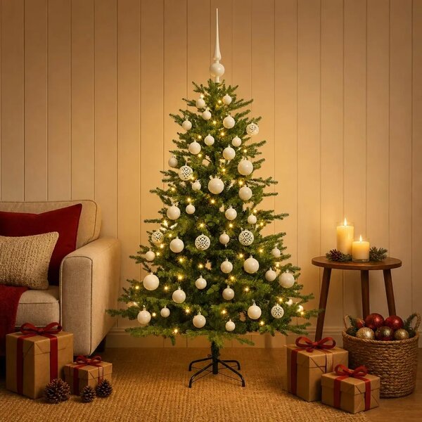 Umjetno božićno drvce s kuglicama 120 cm 150 LED lampica - Zelena 120 cm s LED žaruljama i bijelim kuglicama