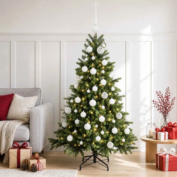 Umjetno božićno drvce s kuglicom 150 cm 150 LED lampica - 150 cm s LED žaruljama i bijelim kuglicama