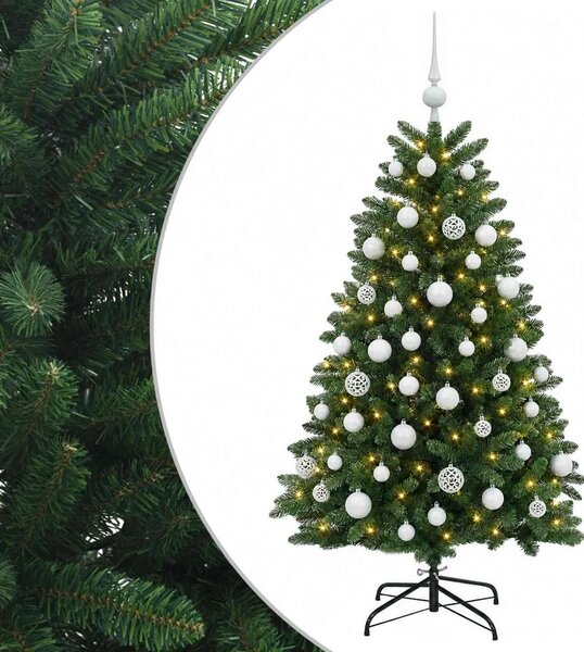 Umjetno božićno drvce srednje zeleno s kuglicama 150 cm - Srednje zelena Ø 80 x 150 cm s 150 LED dioda i bijelim lopticama