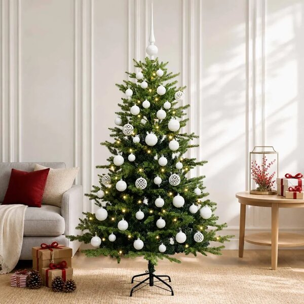 Umjetno božićno drvce s kuglicama 120 cm 150 LED lampica - Zelena 120 cm s LED žaruljama i bijelim kuglicama
