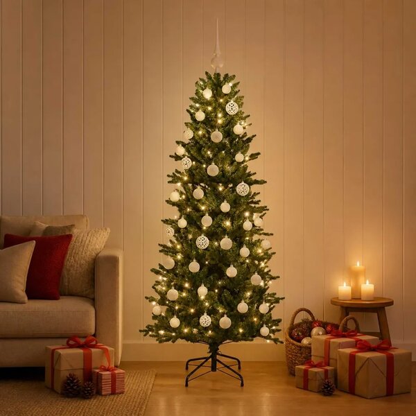 Umjetno božićno drvce s kuglicom 120 cm 150 LED lampica - Zelena 120 cm s LED žaruljama i bijelim kuglicama