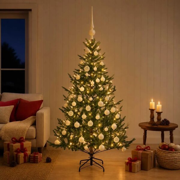 Umjetno božićno drvce s kuglicom 120 cm 150 LED lampica - Zelena 120 cm s LED žaruljama i bijelim kuglicama