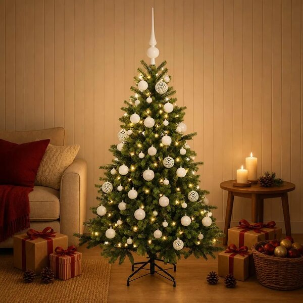 Umjetno božićno drvce s kuglicom 150 cm 150 LED lampica - 150 cm s LED žaruljama i bijelim kuglicama
