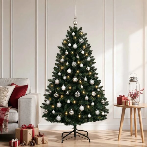 Umjetno božićno drvce tamnozeleno s kuglicom 150 cm - Tamnozelena Ø 80 x 150 cm s 150 LED dioda i srebrnim kuglicama