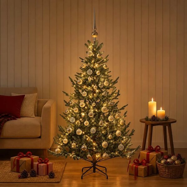 Umjetno božićno drvce s kuglicom 120 cm 150 LED lampica - Zelena 120 cm s LED-ima i srebrnim lopticama