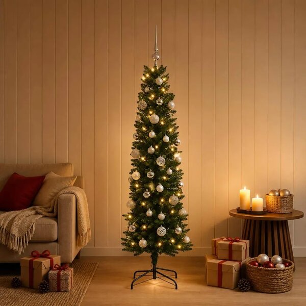 Umjetno usko božićno drvce s kuglicom 120 cm 150 LED lampica - 120 cm s LED-ima i srebrnim lopticama Zelena
