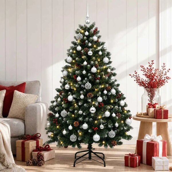 Umjetno božićno drvce zeleno s kuglicama 150 cm 150 LED lampica - Zelena s mraženim vrhovima Ø 80 x 150 cm s 150 LED dioda i sre