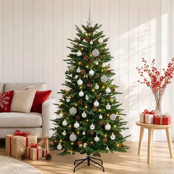 Umjetno božićno drvce s kuglicom 150 cm 150 LED lampica - Zelena 150 cm s LED-ima i srebrnim lopticama